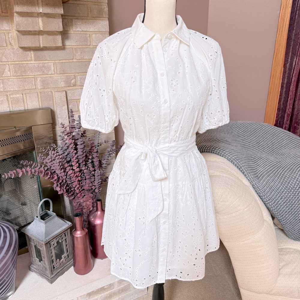 A NEW DAY Eyelet Balloon Elbow Sleeve Mini Shirtdress - White